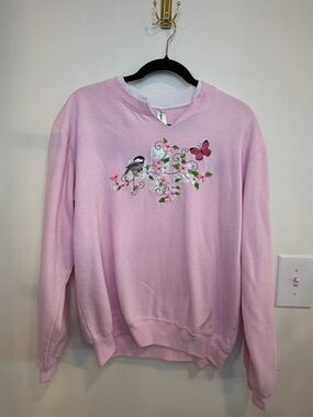 Decorated Originals Pink Embroidered Bird Floral Sweatshirt Medium